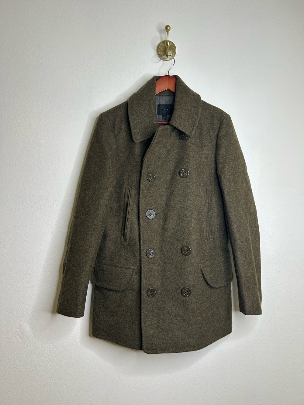 J. Crew 100% Wool Army Green Double Breasted Peacoat Size Small